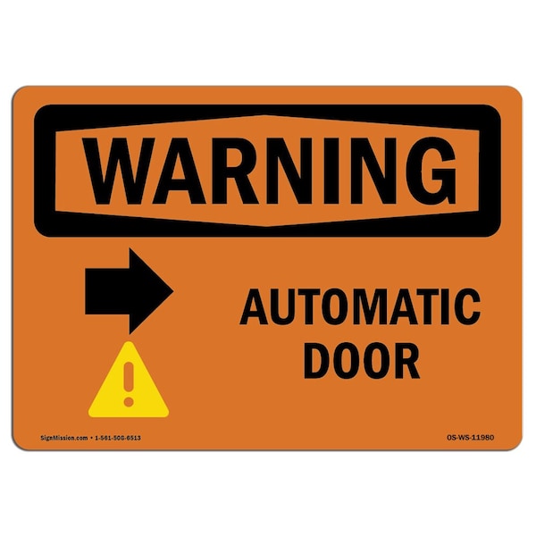 Safety Sign, OSHA WARNING, 3.5" Height, Automatic Door (Right Arrow), Landscape, 10PK
